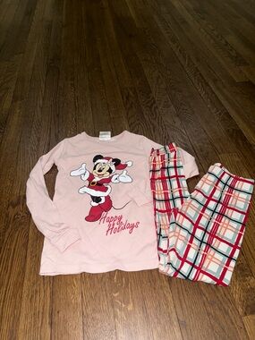 H&M Pink Minnie Mouse Holiday Pajama Set with Red Plaid Pants